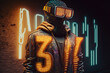 © ADDICTIVE STOCK - Humanoid in metaverse using VR Glasses surrounded by weird futuristic symbols. Generative IA