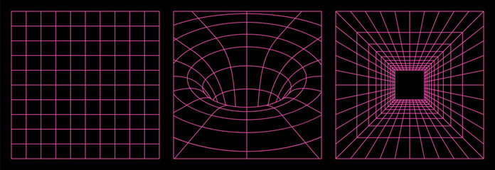 Geometry wireframe grid backgrounds in neon pink color. 3D abstract posters, patterns, cyberpunk elements in trendy psychedelic rave style. 00s Y2k retro futuristic aesthetic.