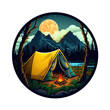 Camping sticker. Tent in  the woods. Vintage Camp Sticker, badge design. For shirts, stamps, badges and labels. Ai generative