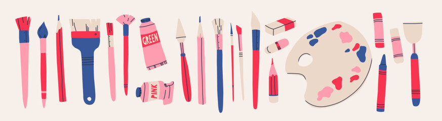 big set with various drawing tools. art supplies in pink and blue. vector graphics for design.