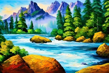 Oil Painting mountain river, rocks and forest, abstract drawin. Generative AI