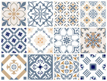 Traditional Decorative Color  Portuguese Set Of Seamless Vector Patterns. The Tile Is Azulejo. Geometric Patterns And Backgrounds For Your Design. Vector Illustration.