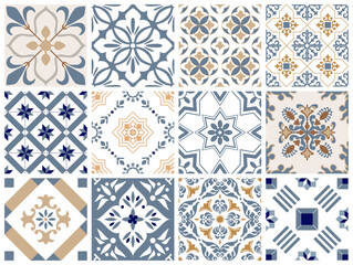 Traditional decorative color  portuguese set of seamless vector patterns. The tile is azulejo. Geometric patterns and backgrounds for your design. Vector illustration.
