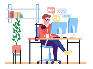 Wall Mural - freelance programmer working on his project from home. developer remote job. freelancer programming 