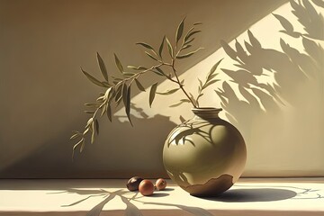 Wall Mural - Beige round vase with olive branch. Green shades, natural lighting, shadows, vine ornament, high resolution, art, generative artificial intelligence