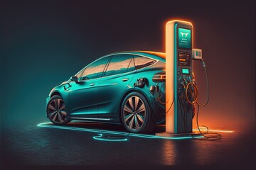 Car with an electric charging station on a gradient background. Neon colors, futurism, synth wave, future technology, high resolution, art, generative artificial intelligence