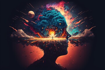 Human head with glowing neurons in the brain. Consciousness digitization, cyberspace, transhumanism, high resolution, art, generative artificial intelligence