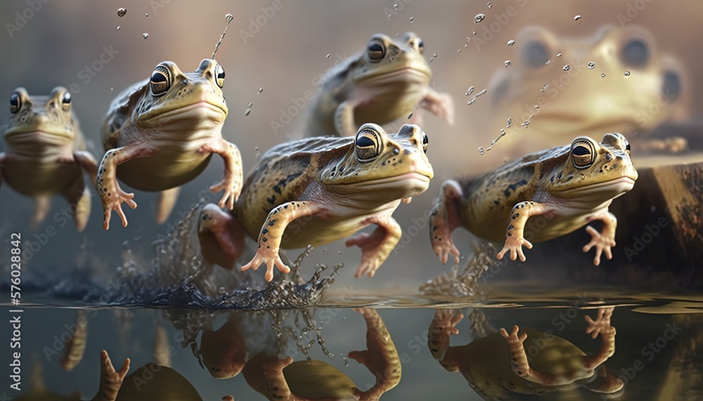 Ilustración de Stock frogs jumping competition, jump motion with water ...