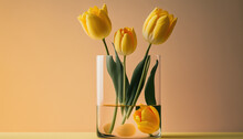 Glass Of Fresh Yellow Tulip Flowers In Vase. Generative AI