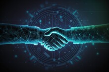 Shaking Hands At The Conclusion Of A Business Deal. Cryptocurrency, Blockchain, Bitcoin, Mining, Financial Transactions, High Resolution, Art, Generative Artificial Intelligence