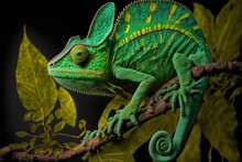 Green Chameleon With Green Eyes On A Black Background. Wildlife, Exotic Animals, Reptile. Illustration In High Quality. Generative AI