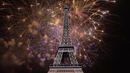 Wall Mural - Celebratory colorful fireworks over the Eiffel Tower ( time lapse, with zoom)  in Paris, France   