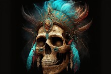 Painted Shaman Skull On A Black Background. Voodoo, Spiritual Practices, Magic, Mystical Artifact, Folk Beliefs, High Resolution, Art, Generative Artificial Intelligence