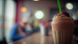 © vlntn - Clothe up tasty fresh smoothie on blurred cafe interior background. Healthy delicious beverage. Organic food. AI generative image.