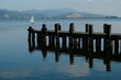 Pier on the lake. Sailboats on Lake Massaciuccoli.Children on a boat in Torre del Lago Puccini. Wooden pier and background Mountains. 