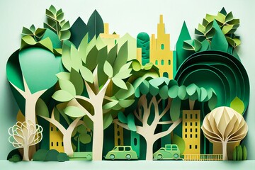 illustration in simple minimal geometric style - city landscape with buildings, hills and trees - abstract Generative AI background for header images for websites, banners, covers