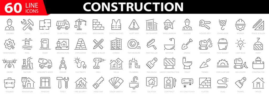 set 60 construction icons. build and construction icon. building, repair tools. thin line web icons 