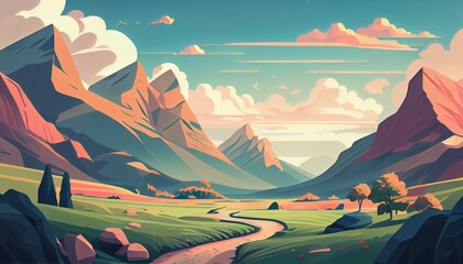 Sunrise in the mountains with village road and grass landscape, Generative Ai