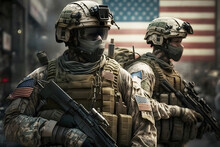 US army soldiers with weapon and united states flag