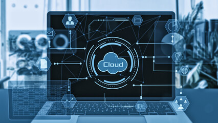 Sticker - Laptop computer with a futuristic graphic interface, concept of cloud computing, corporate business, financial operations, stock market, company management, on-line business (3d render)