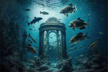 the ruins of an ancient temple and fish swimming underwater. coral reefs, atlantis, diving underwate