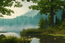 Vintage Wallpaper Of Forest Landscape With Lake, Plants, Trees, Birds, Herons, Butterflies And Insects. Generative AI
