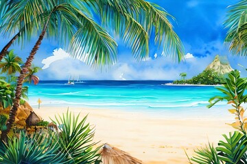 Watercolor illustration of a tropical beach. Generative AI