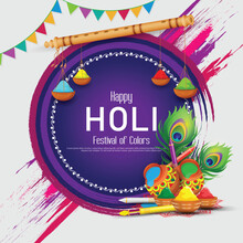 Happy Holi Festival Poster Template With Holi Powder Color Bowls On Multicolor Background.