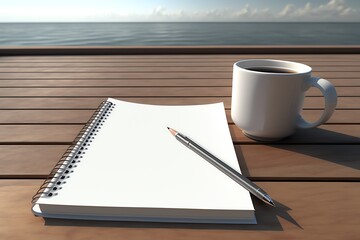 Wall Mural - Open Spiral Notebook empty page and coffee mug on white wooden desk. Planner. Notepad. Generative AI.