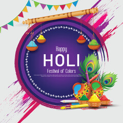 Happy holi festival poster template with holi powder color bowls on multicolor background.