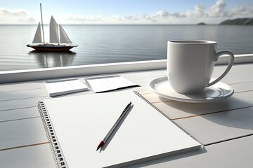 Wall Mural - Open Spiral Notebook empty page and coffee mug on white wooden desk. Planner. Notepad. Generative AI.