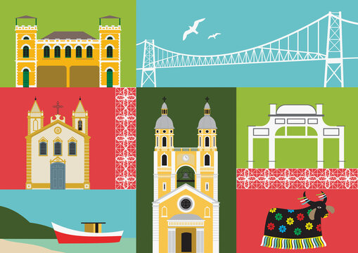 ilustração contendo alguns dos principais pontos turísticos da cidade de florianópolis, em santa cat