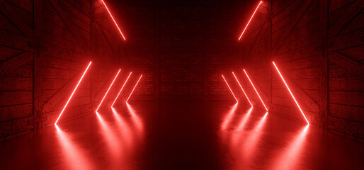 Poster - Neon Glowing Sci Fi Futuristic Warehouse Garage Stage Red Lights Concrete Stone Cement Floor Rough Barn Wood Walls Showroom 3D Rendering