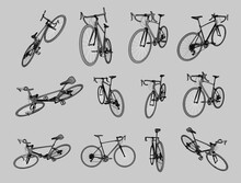 3d Wireframe Render Of Bicycle From Different Angles, Bicycle Silhouette Set Render In 3d Software From Different Sides
