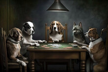 Dogs Play Poker At The Poker Table In A Pleasant Environment. AI Generated Illustration.