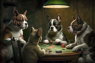 dogs play poker at the poker table in a pleasant environment. ai generated illustration.
