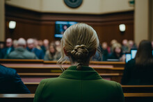 Court Session Of The Court Of Law And Justice, Woman In The Frame People Listen To Arguments And Evidence, Excuses. The Concept Of The Judicial System. Generative AI