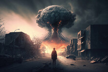A Man Stands In Front Of A Nuclear Explosion And Watches This Spectacle, The Apocalypse And The Nuclear Mushroom From The Explosion. Generative AI,
