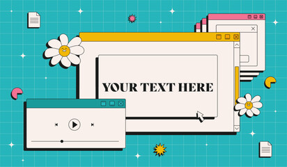 Cute nostalgic 90s retro vaporwave template. . Illustration of retro groovy abstract interface. 