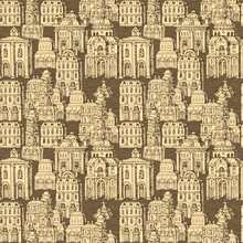 Vector Seamless Pattern With Old Hand Drawn Houses In Retro Style. Cityscape Background With Old Style Building Facades And Fountains, Can Be Used As Wallpaper, Wrapping Paper, Textile, Fabric
