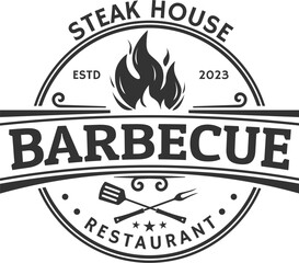 Wall Mural - Barbeque logo. BBQ icon or label. Grill bar, restaurant, steak house vintage badge design with fire flame, grill fork and spatula. Vector illustration.