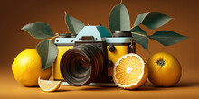 Generative AI Illustration Of Retro Photo Camera With Lemon And Oranges