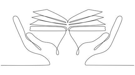 Wall Mural - continuous line drawing hands holding open book. education linear symbol in human arms. vector illus