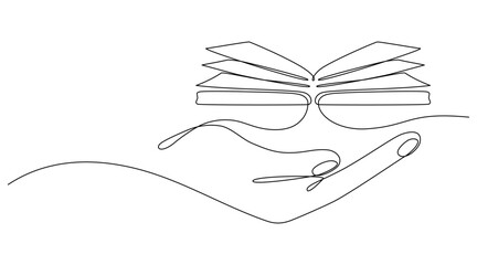 Wall Mural - continuous line drawing hand holding open book. education linear symbol. vector illustration isolate