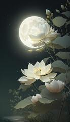 Wall Mural - Chinese white lotus in the moon light - generative ai