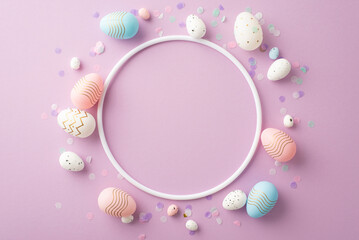 Wall Mural - Easter concept. Top view photo of empty circle colorful pink blue white easter eggs and confetti on isolated pastel violet background with copyspace in the middle