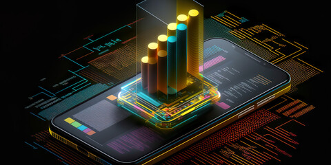 A futuristic digital concept features a smartphone displaying a vibrant, 3D bar graph, symbolizing data analytics. Bright colors and geometric shapes convey technology and innovation. AI generated.