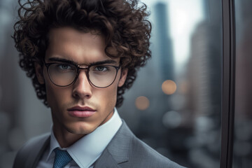 Portrait of a young businessman with curly brown hair, wearing glasses and a grey suit, standing in front of a glass skyscraper, generative ai