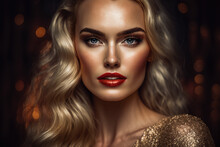 Glamorous Woman With Long Blonde Hair And Red Lips Wearing A Sparkling Gold Dress At A Fancy Party, Generative Ai