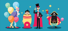 Vector Illustration Of A Cute Clown, Magician, Pirate On A Blue Background. Magical Funny Clowns With A Bunch Of Balloons, Magician Shows Trick With Boy, Pirate With Parrot In Cartoon Style.
